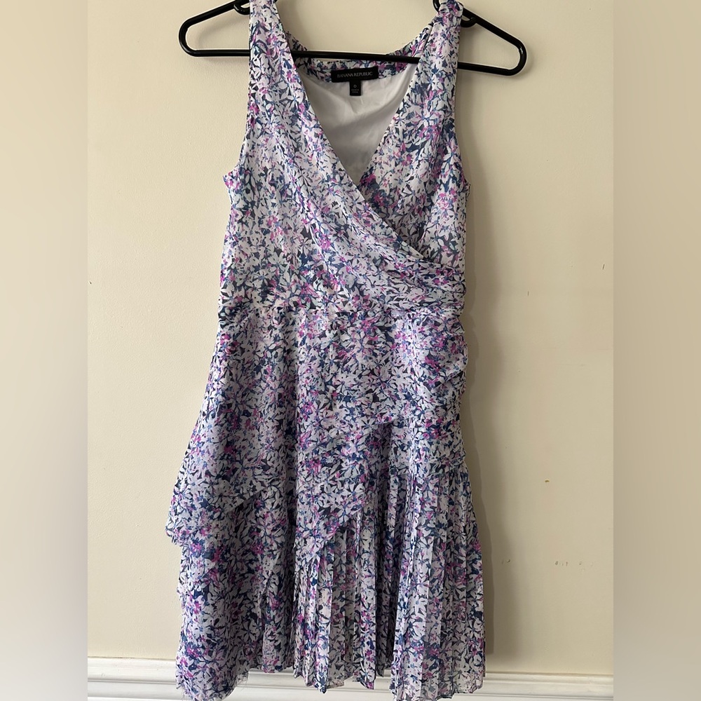 Banana Republic One-Shoulder Floral Wrap Dress in White, Purple, Pink